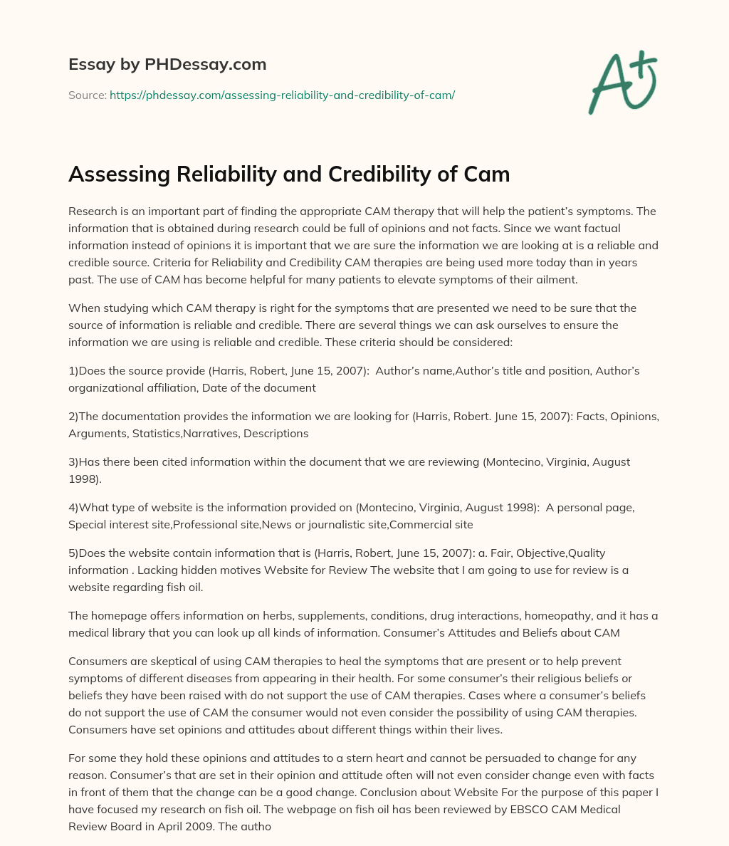 Assessing Reliability and Credibility of Cam essay