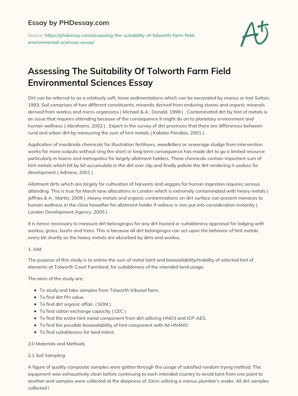 Assessing The Suitability Of Tolworth Farm Field Environmental Sciences Essay essay