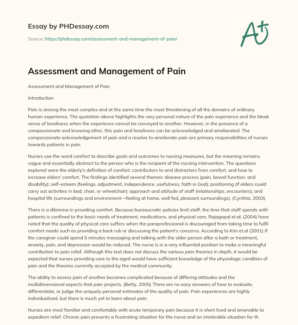 Assessment and Management of Pain essay