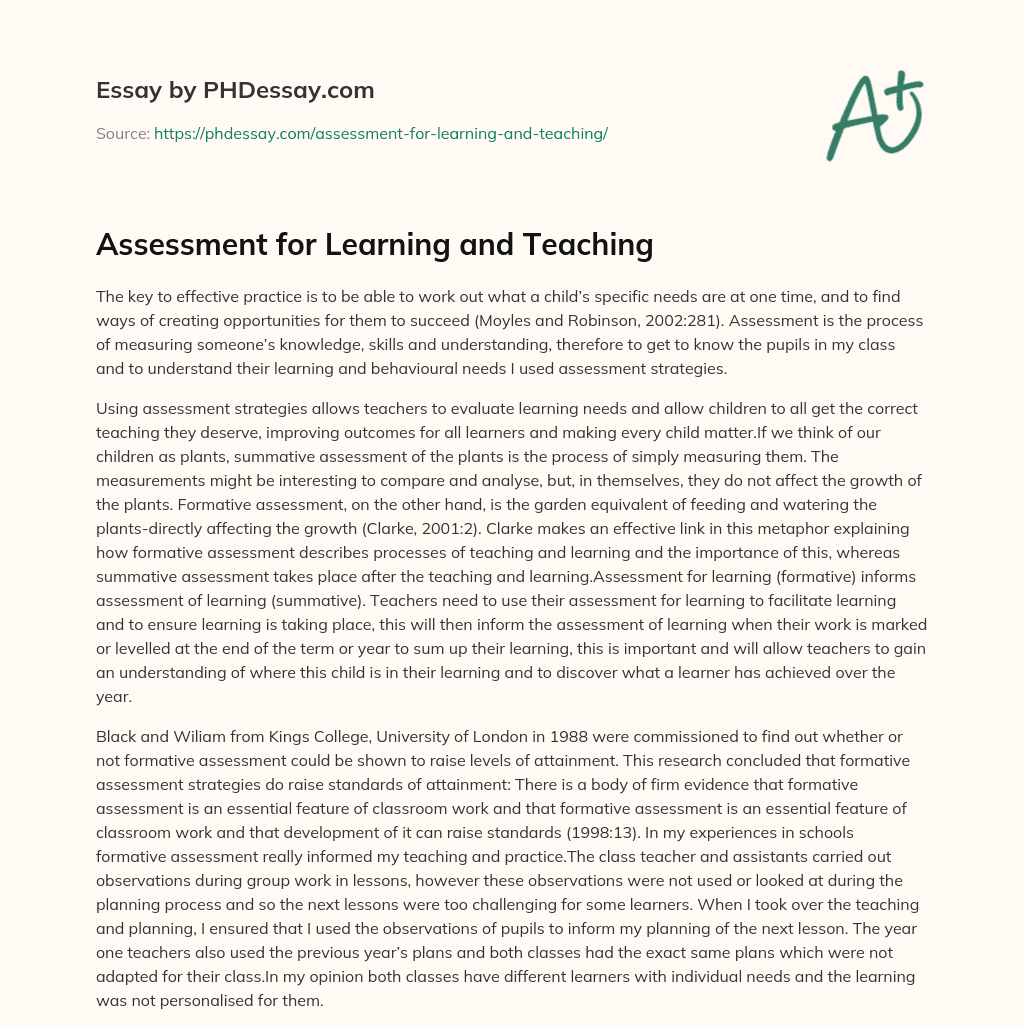 essay about assessment of student learning