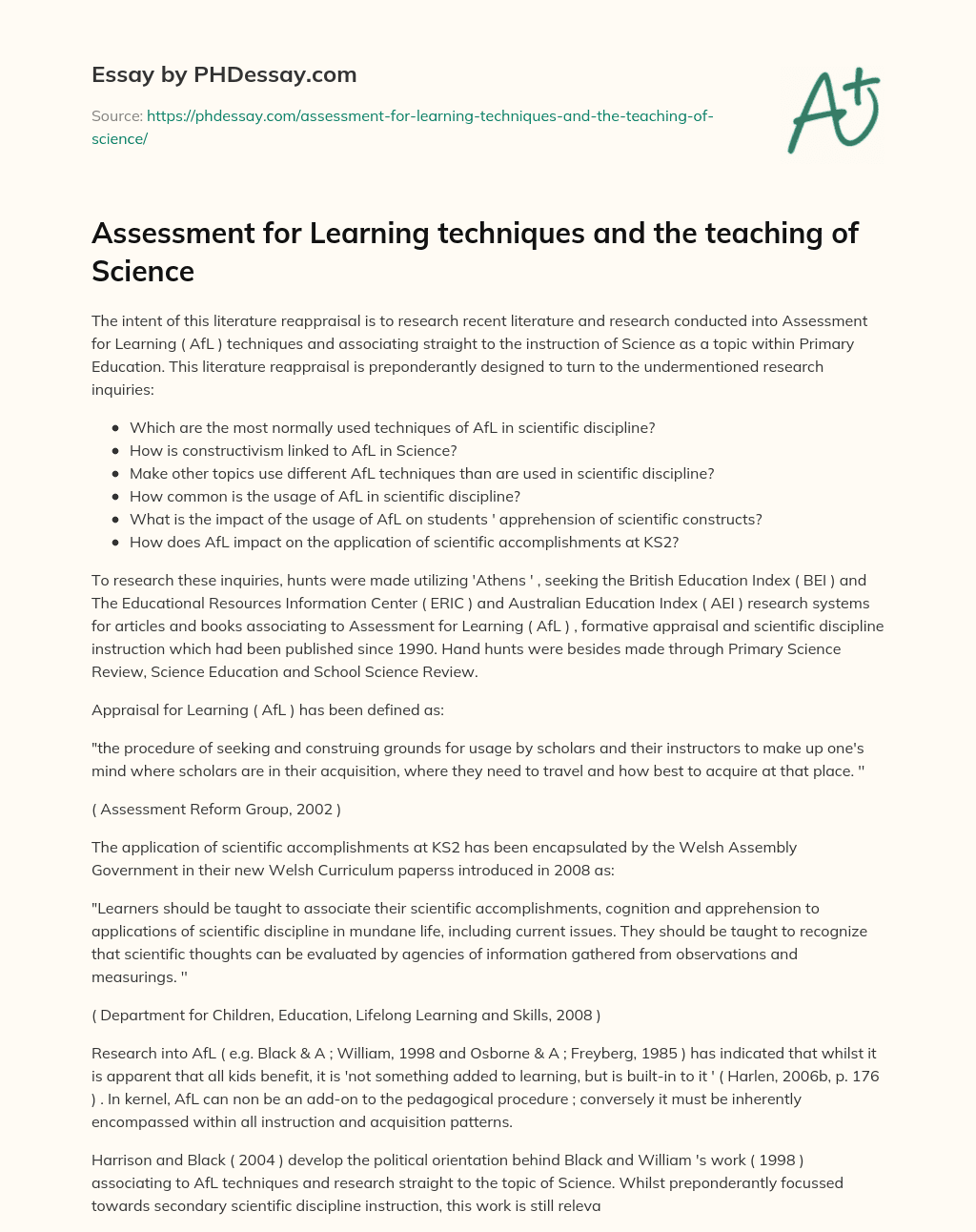 Assessment for Learning techniques and the teaching of Science essay