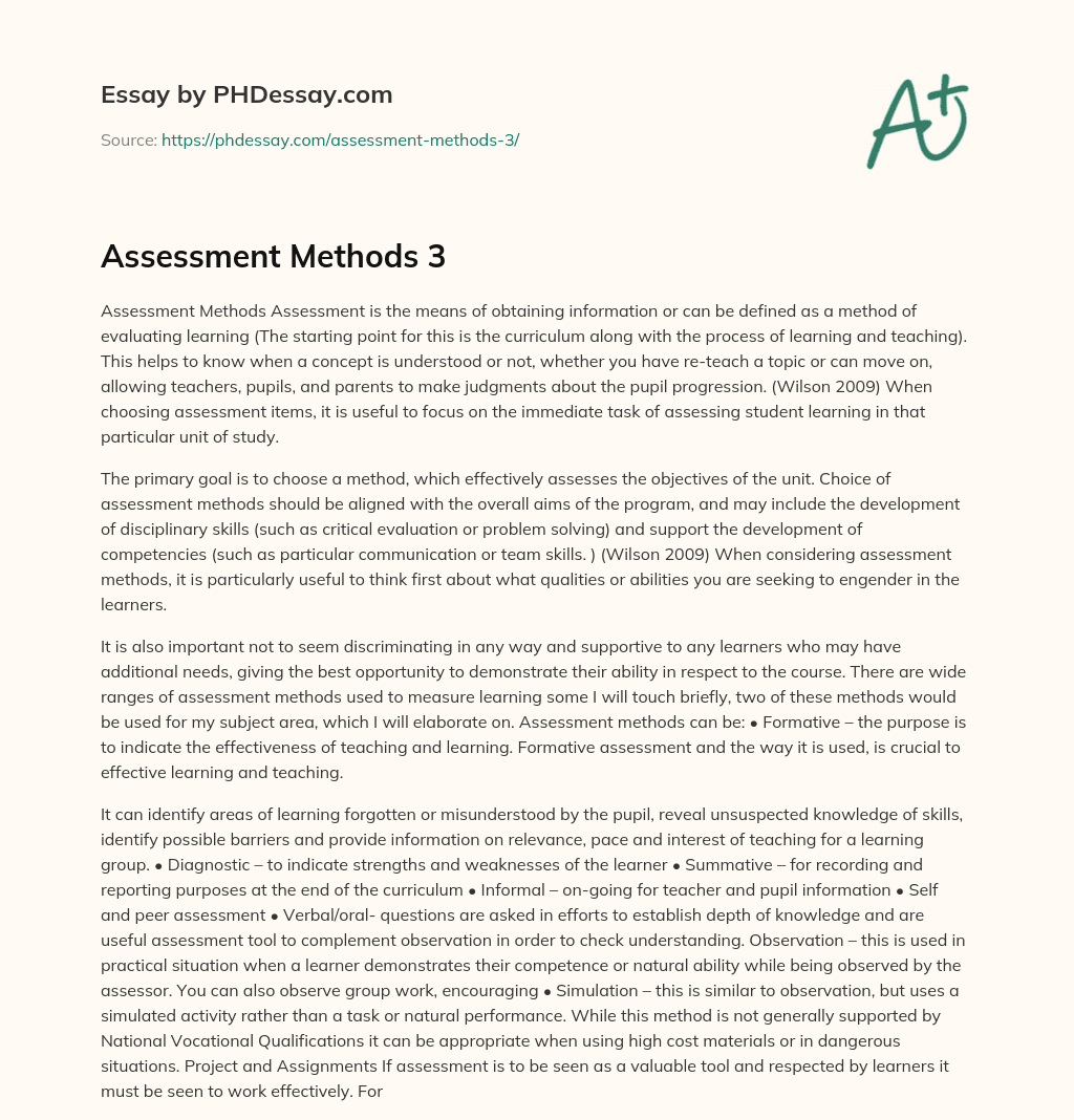Assessment Methods and Their Importance in Evaluating Learning and Teaching Progression essay