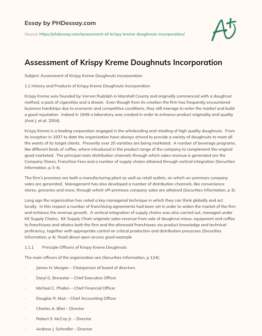 Assessment of Krispy Kreme Doughnuts Incorporation essay