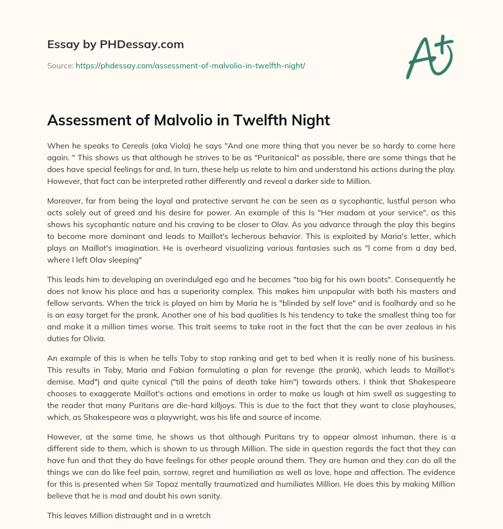 Assessment of Malvolio in Twelfth Night essay