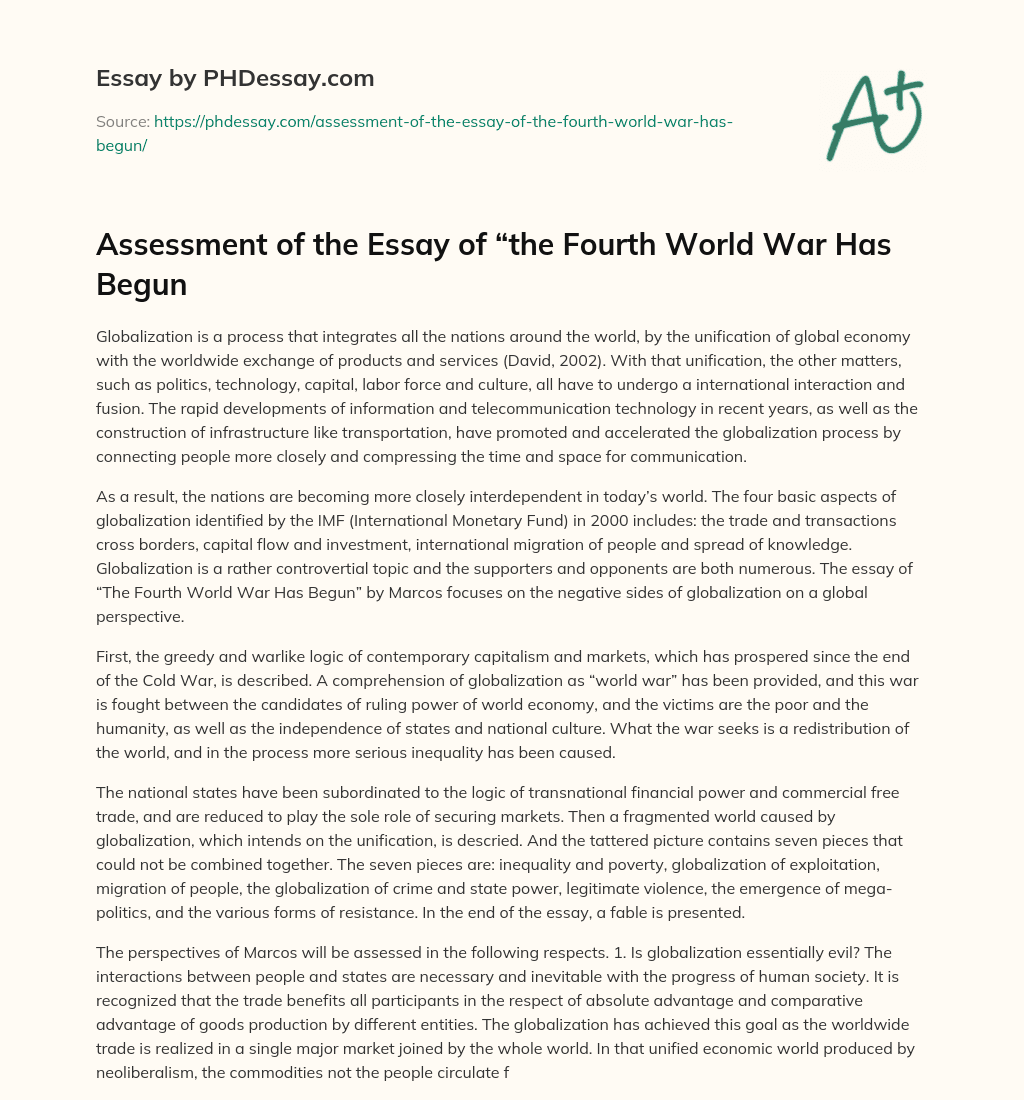 Assessment of the Essay of “the Fourth World War Has Begun essay