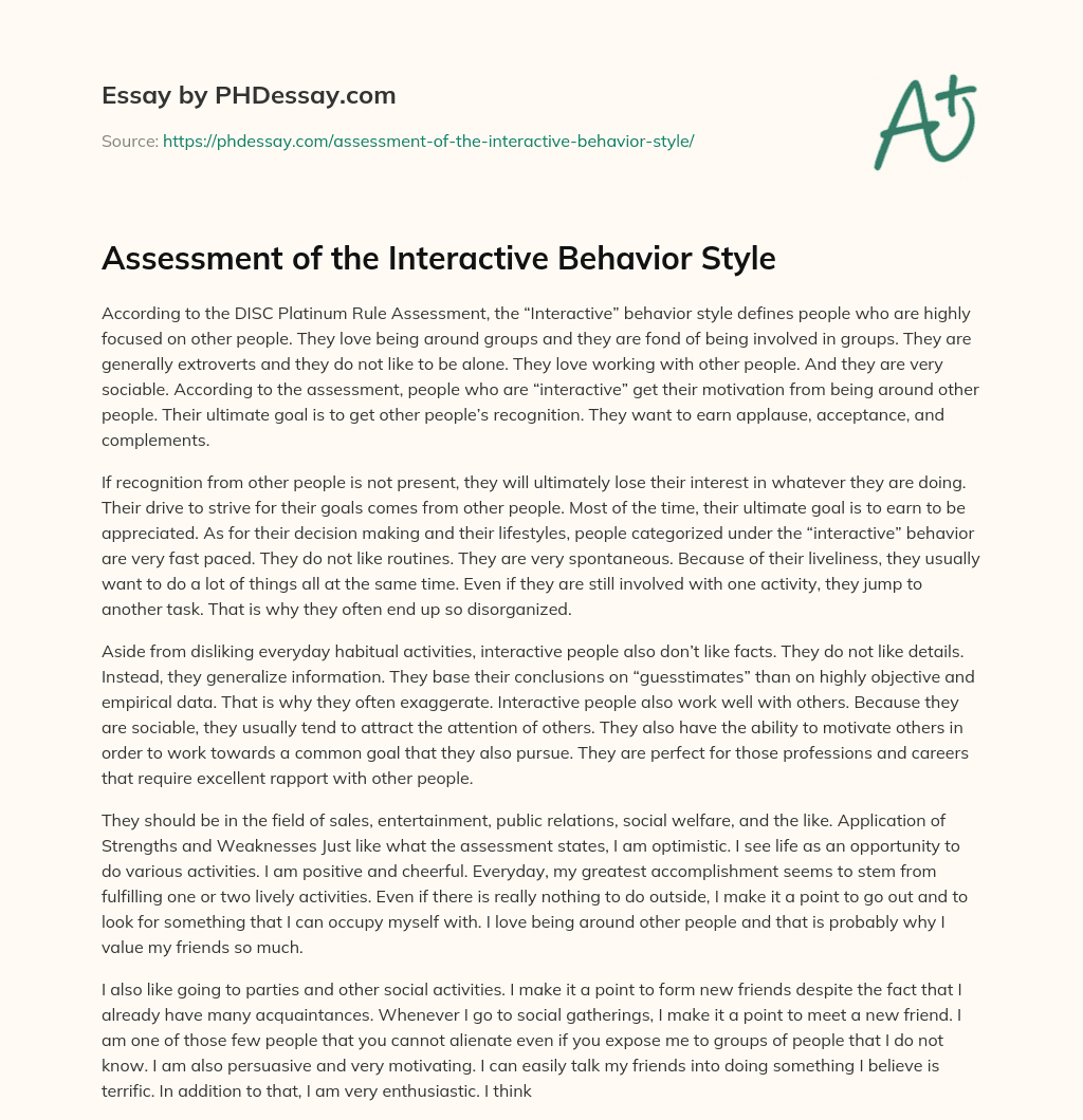 Assessment of the Interactive Behavior Style essay