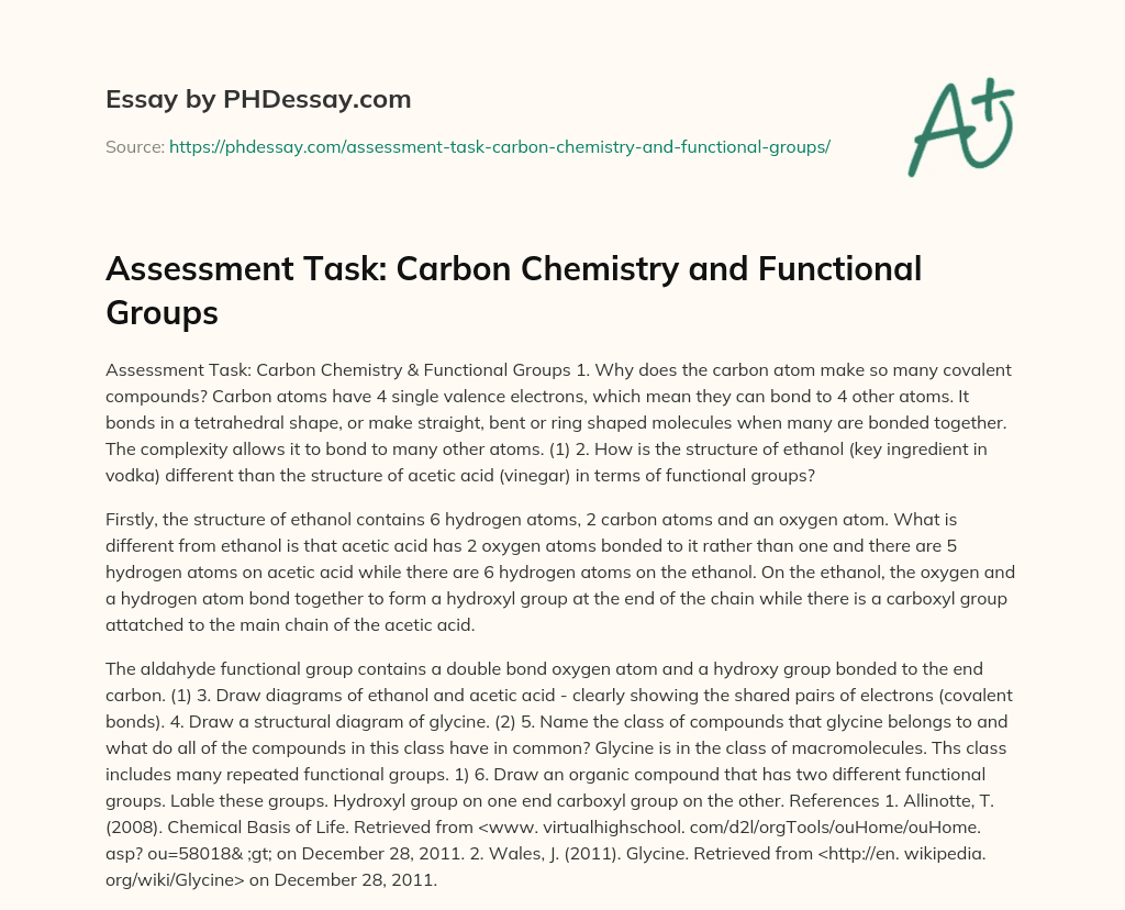 Assessment Task: Carbon Chemistry and Functional Groups essay