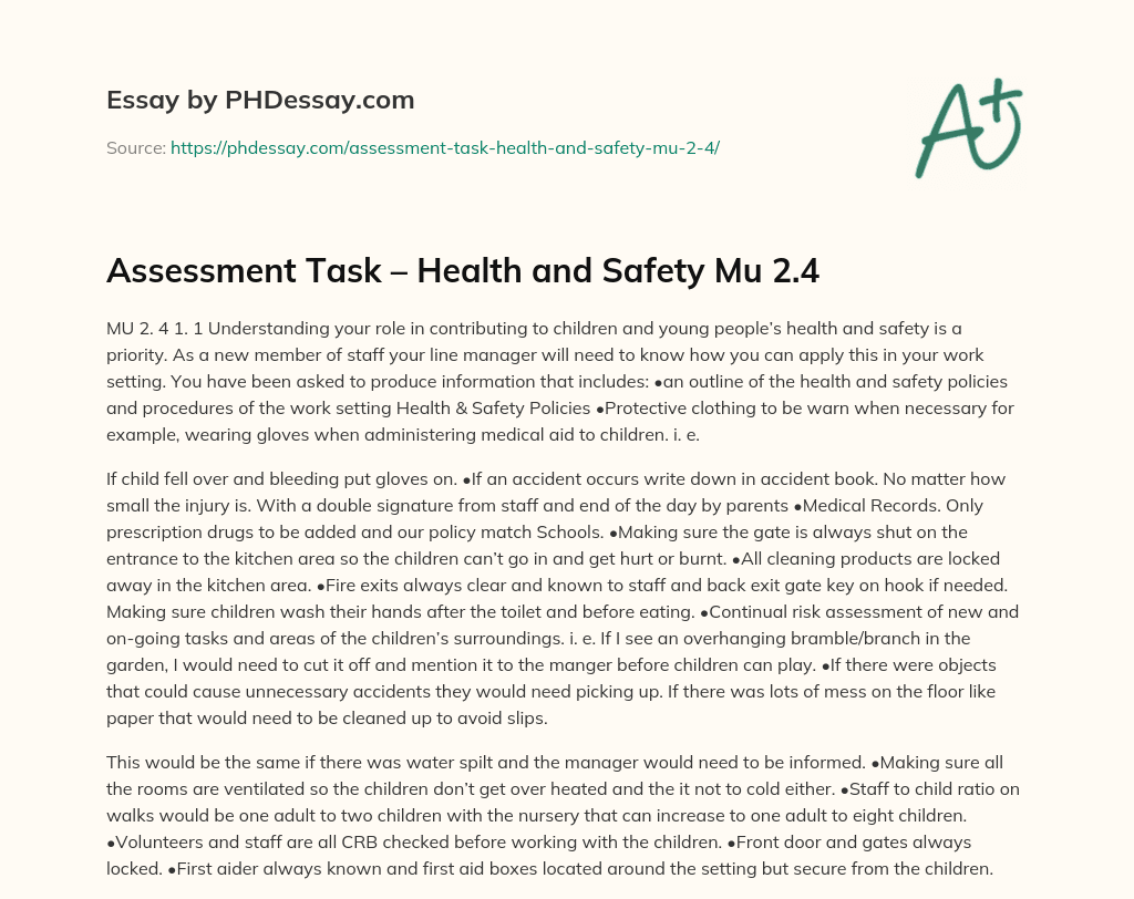 Assessment Task – Health and Safety Mu 2.4 essay