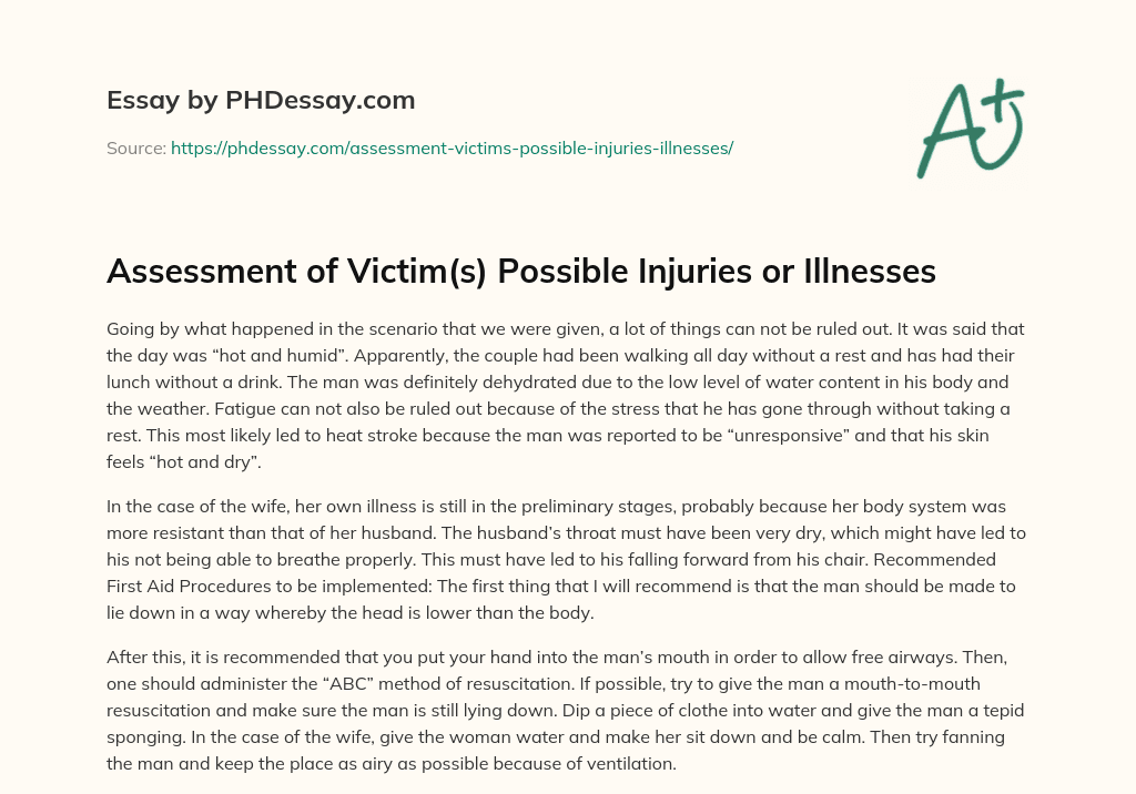Assessment of Victim(s) Possible Injuries or Illnesses essay