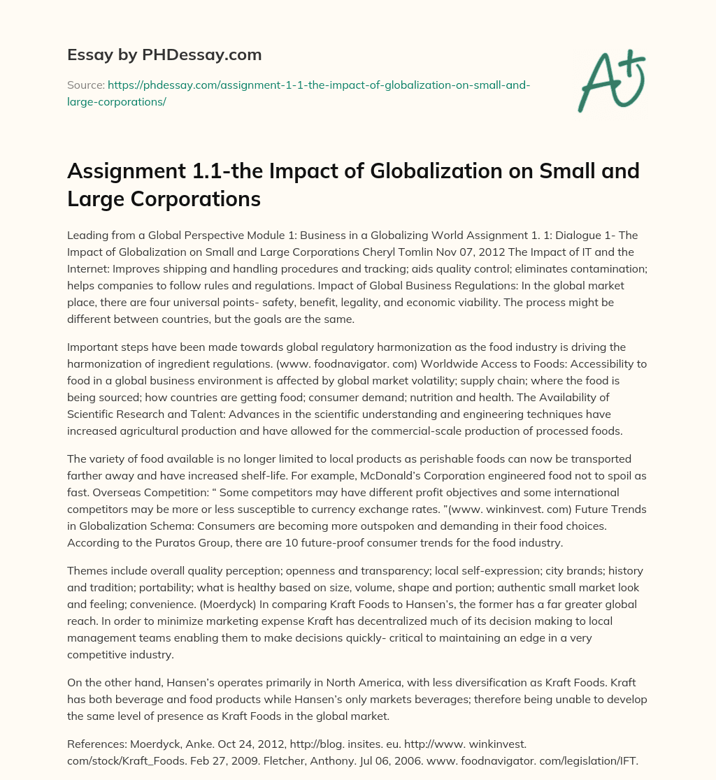 Assignment 1.1-the Impact of Globalization on Small and Large Corporations essay
