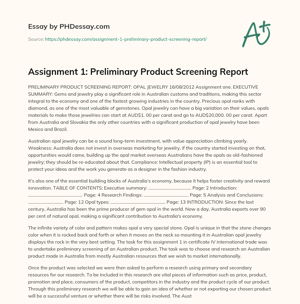 Assignment 1 Preliminary Product Screening Report