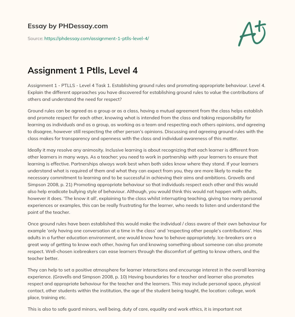Assignment 1 Ptlls, Level 4 essay