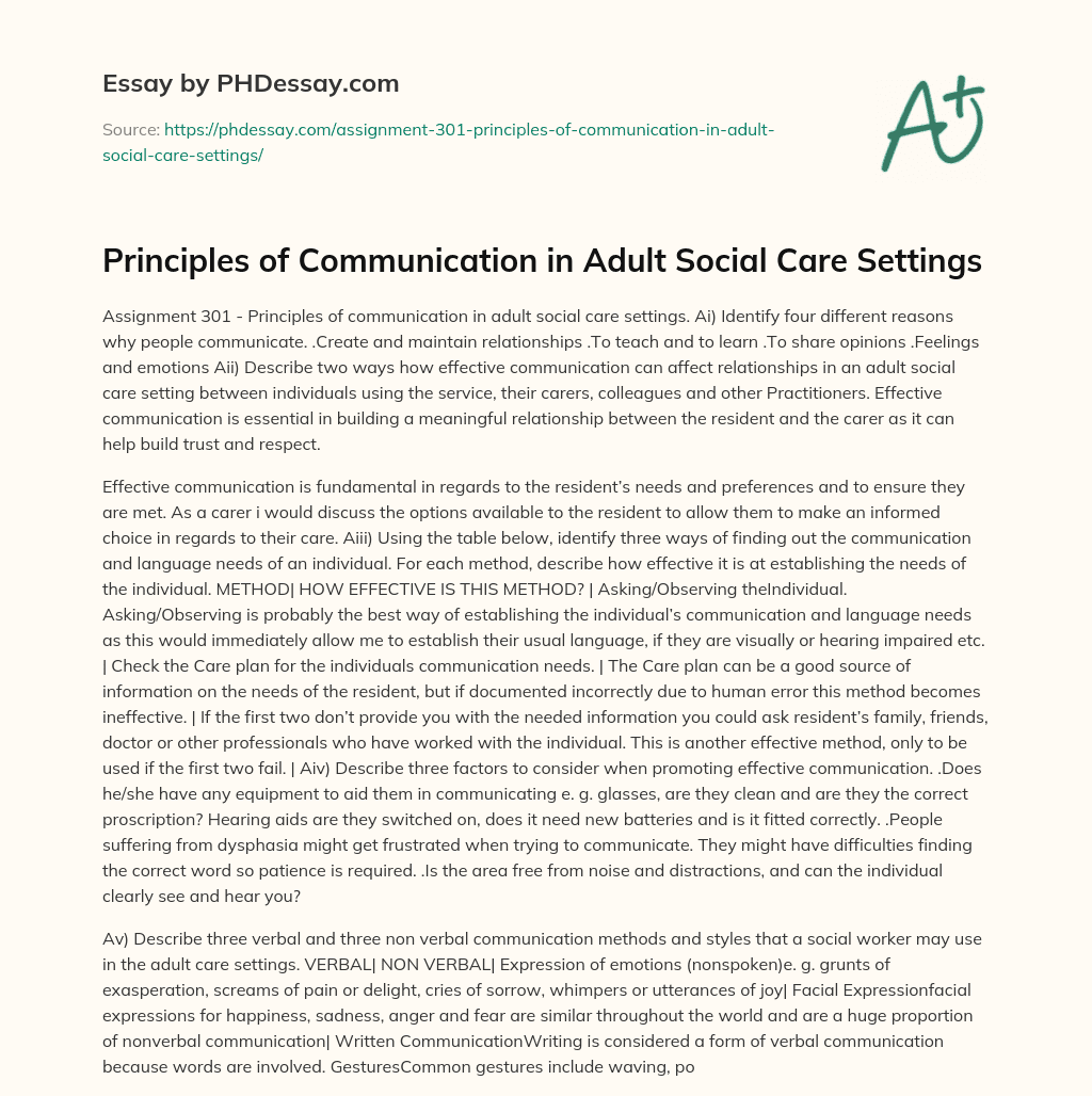 Principles of Communication in Adult Social Care Settings essay