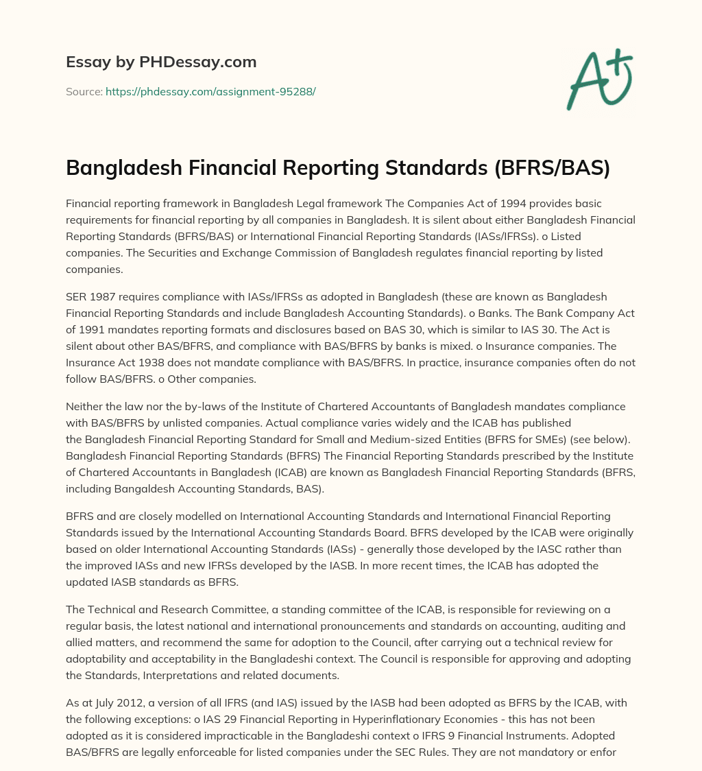 Bangladesh Financial Reporting Standards (BFRS/BAS) essay