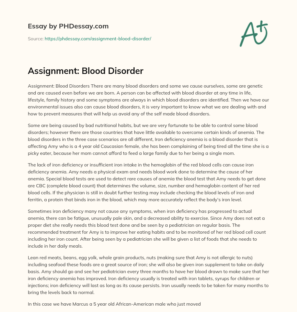 Assignment: Blood Disorder essay