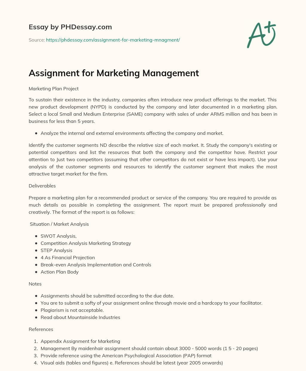Assignment for Marketing Management essay