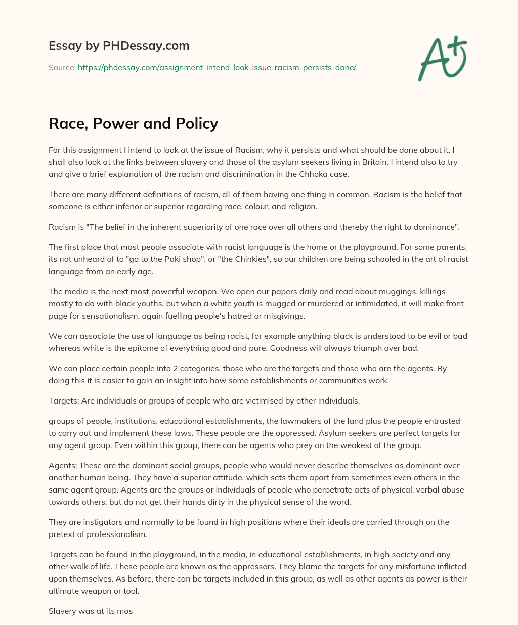 Race, Power and Policy essay