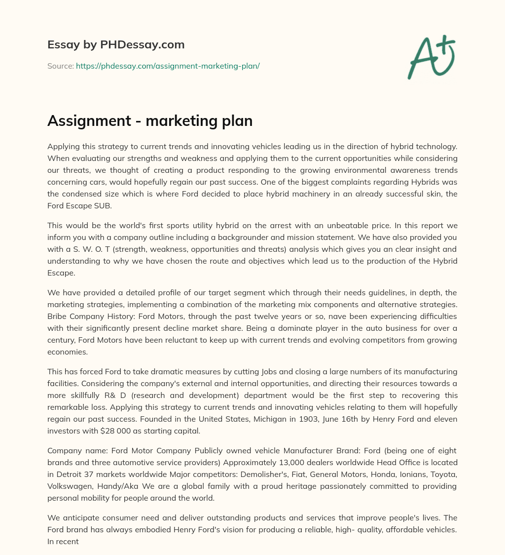 Assignment – marketing plan essay