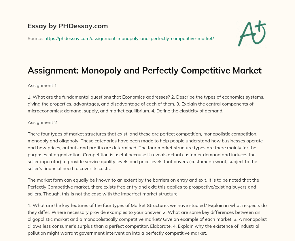 Assignment: Monopoly and Perfectly Competitive Market essay