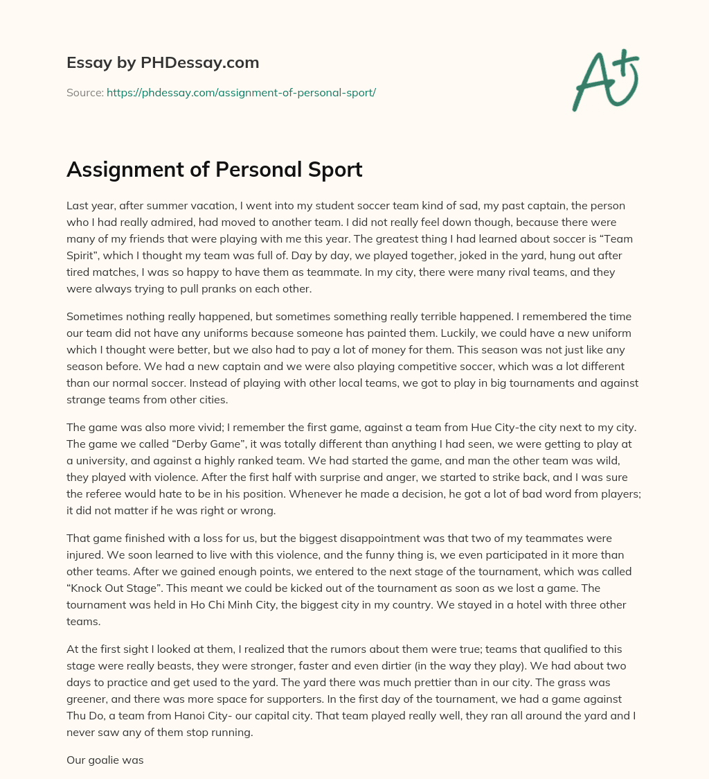 Assignment of Personal Sport essay