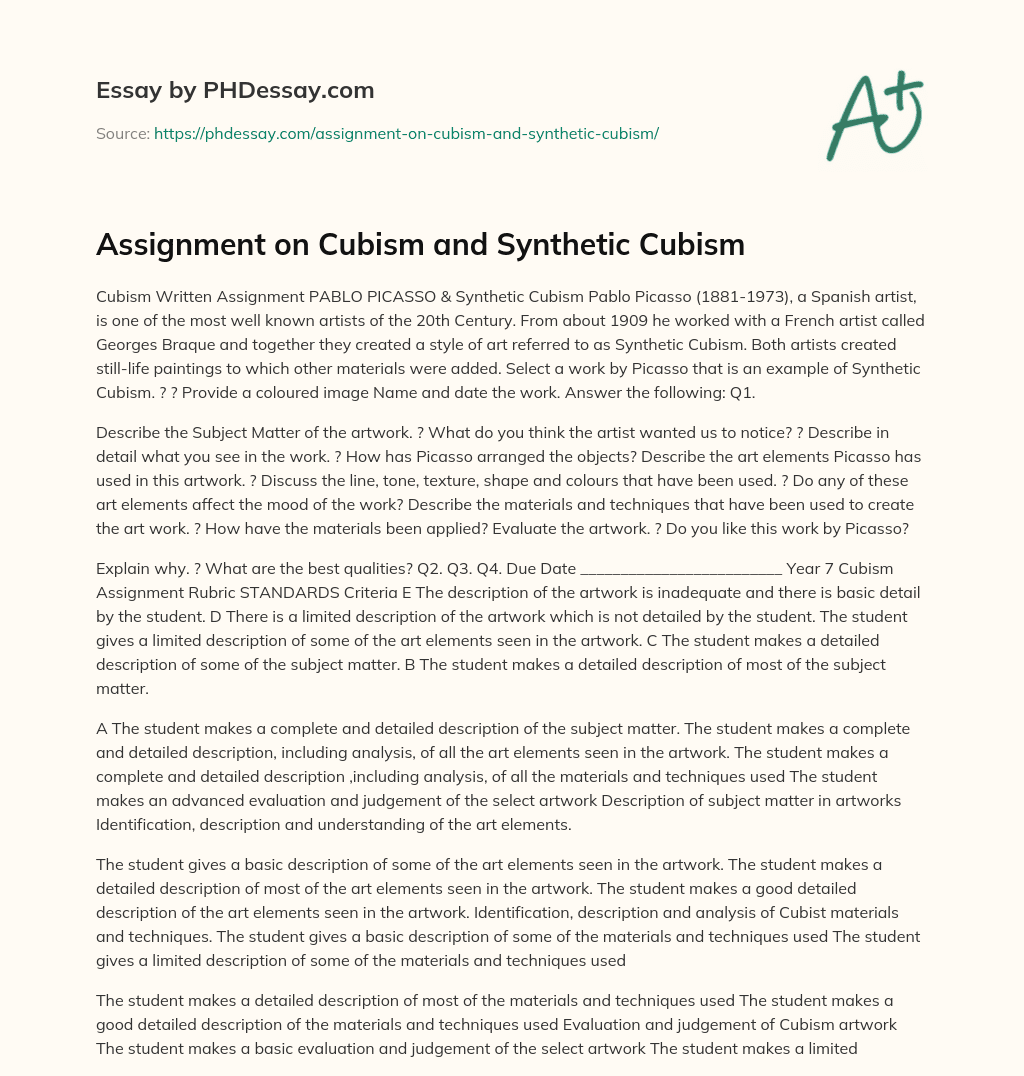 Assignment on Cubism and Synthetic Cubism essay