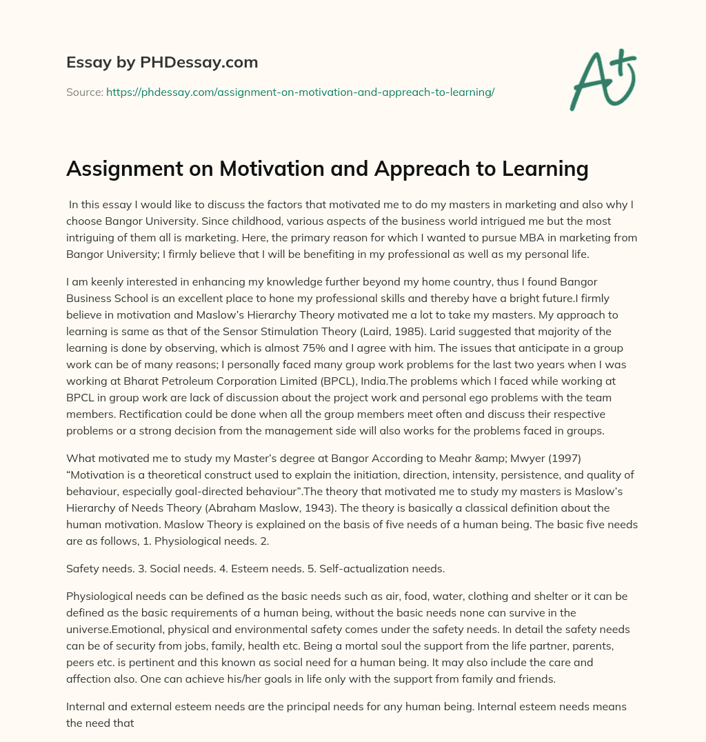Assignment on Motivation and Appreach to Learning essay