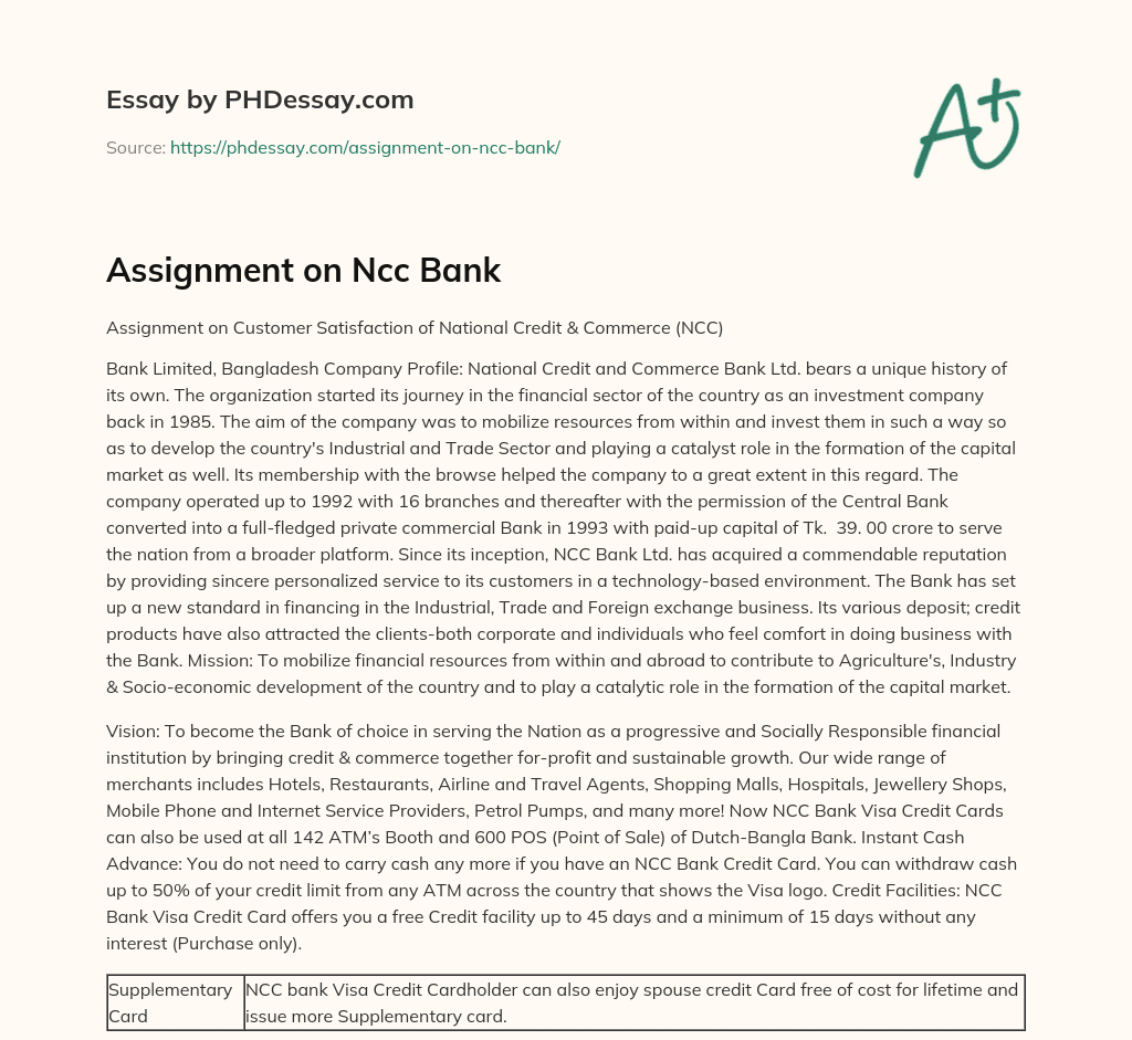 Assignment on Ncc Bank essay