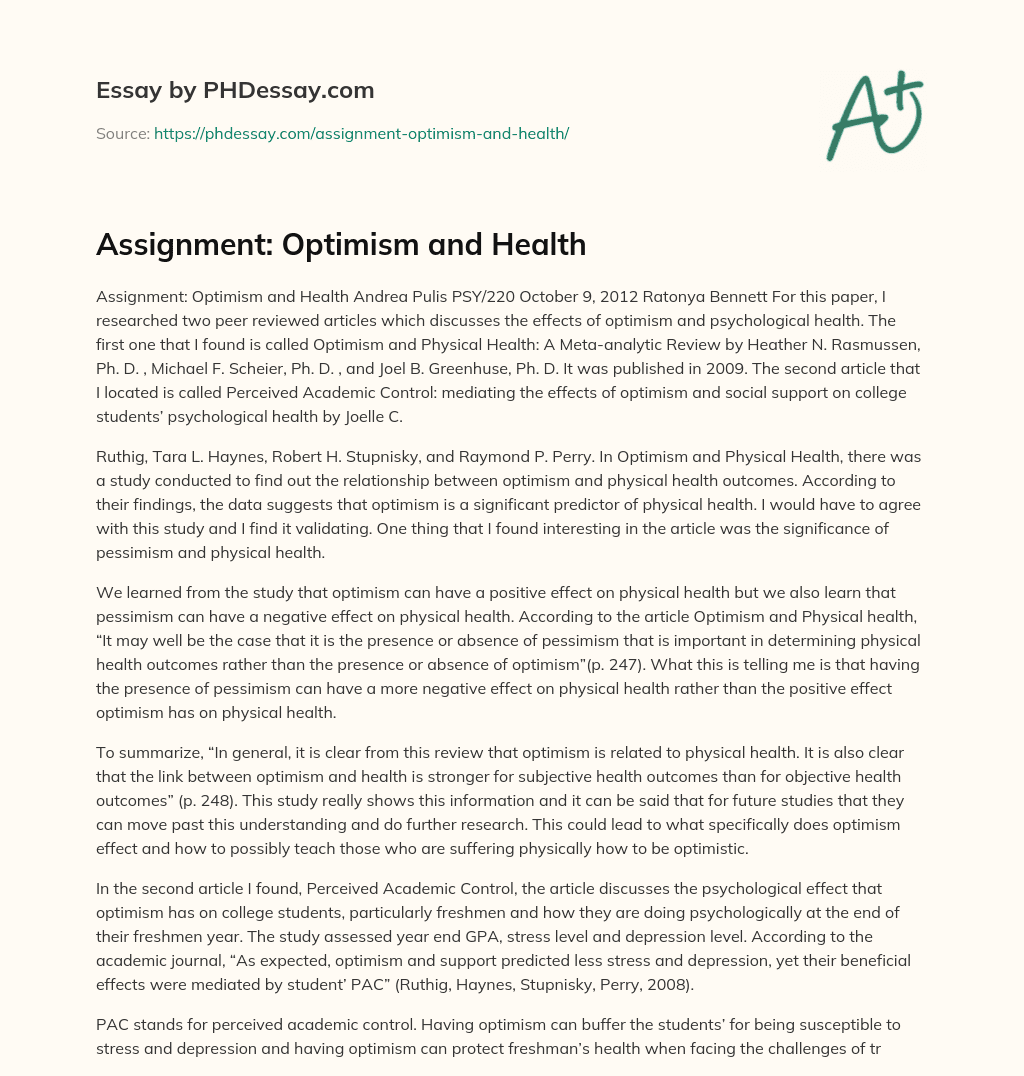 Assignment: Optimism and Health essay
