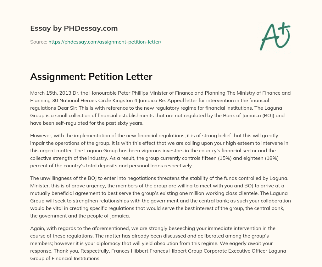 Assignment: Petition Letter essay