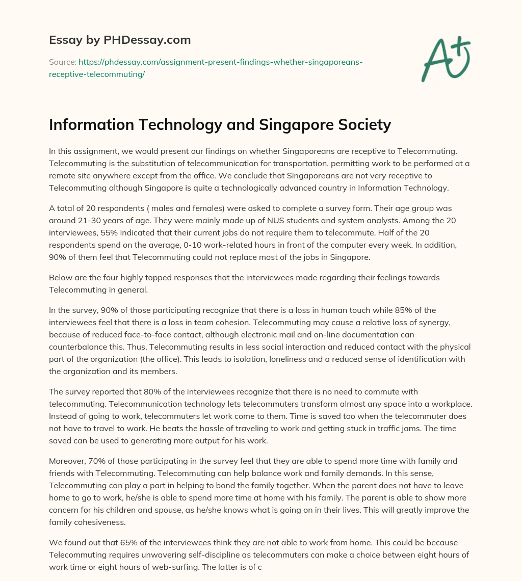 Information Technology and Singapore Society essay