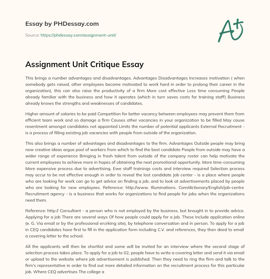 Assignment Unit Critique Essay essay