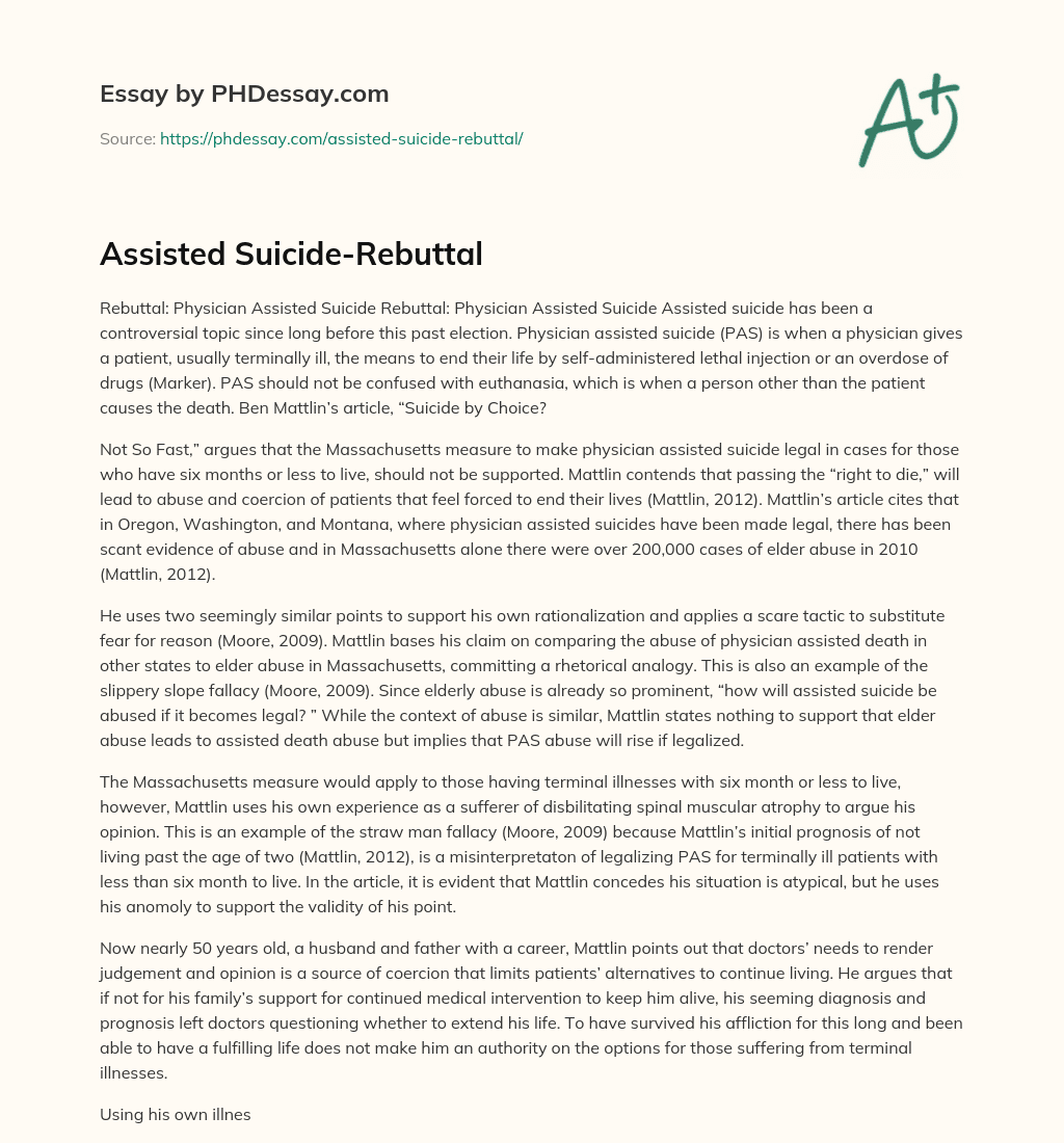 Assisted Suicide-Rebuttal essay