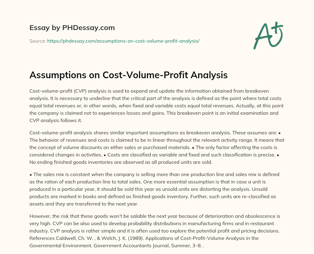 Assumptions on Cost-Volume-Profit Analysis essay