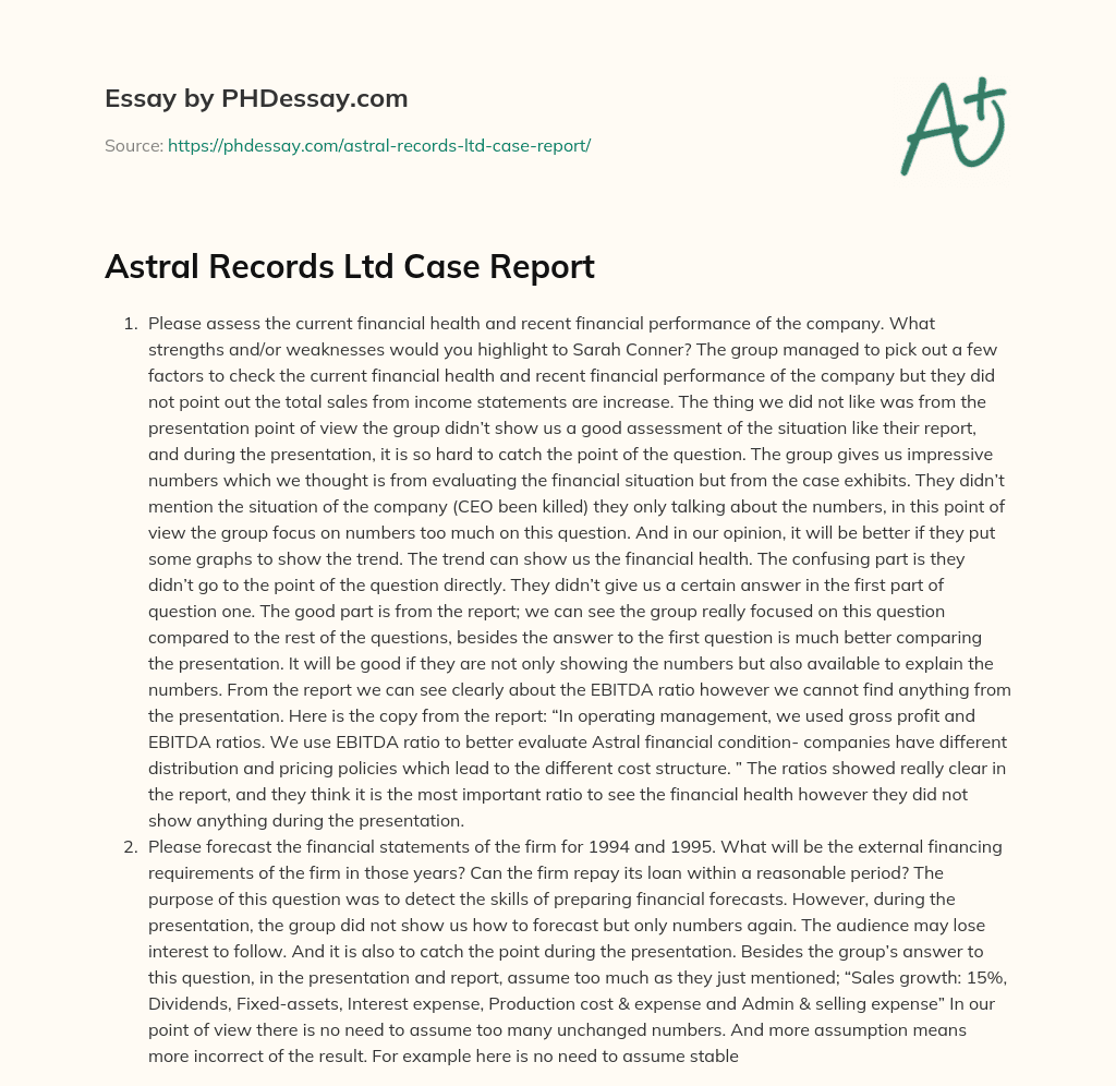 Astral Records Ltd Case Report essay