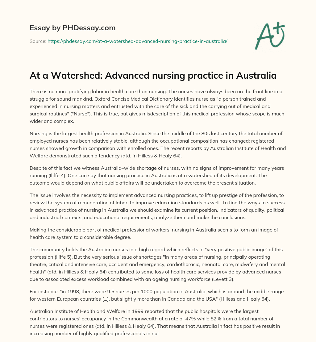 At a Watershed: Advanced nursing practice in Australia essay