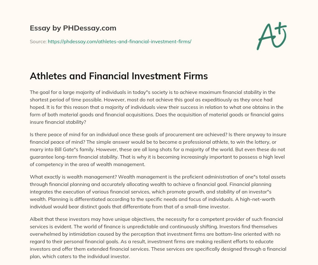 Athletes and Financial Investment Firms essay