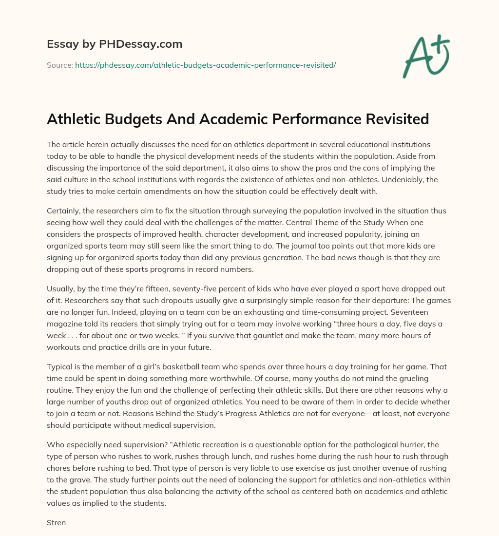 Athletic Budgets And Academic Performance Revisited essay