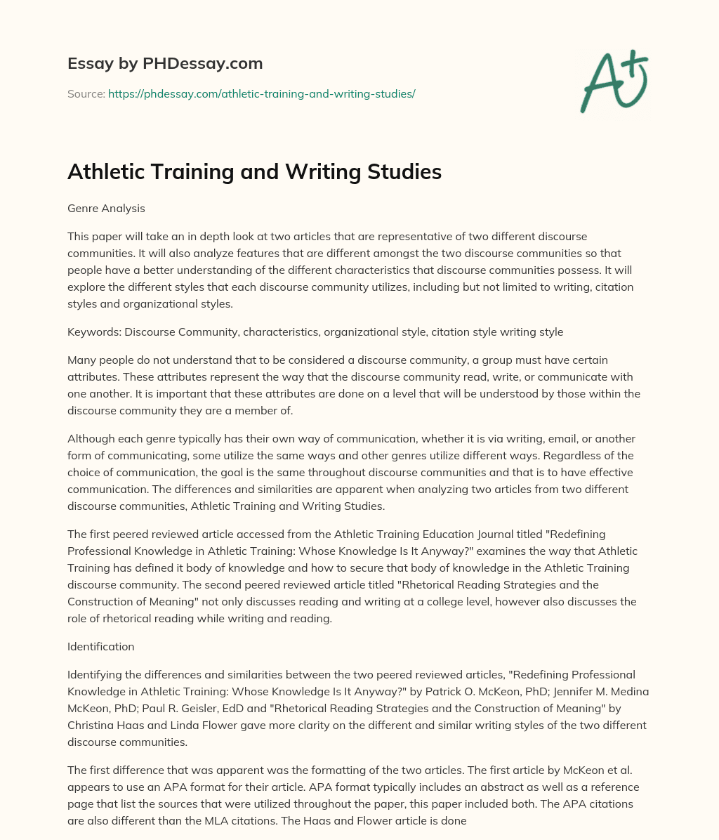 Athletic Training and Writing Studies essay