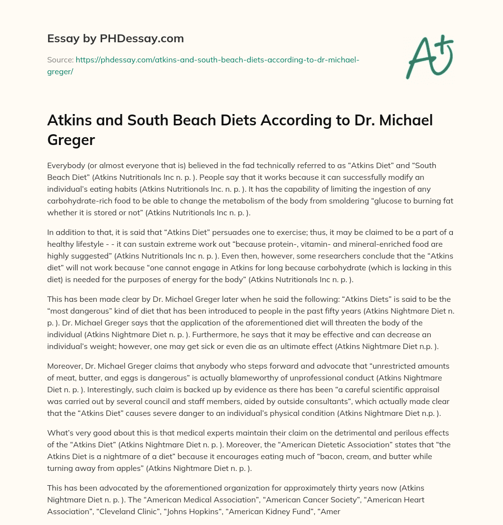 Atkins and South Beach Diets According to Dr. Michael Greger essay