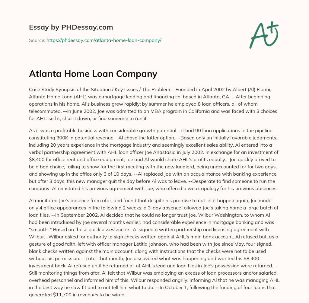 Atlanta Home Loan Company essay