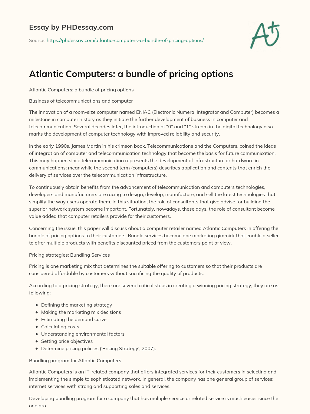 Atlantic Computers: a bundle of pricing options essay