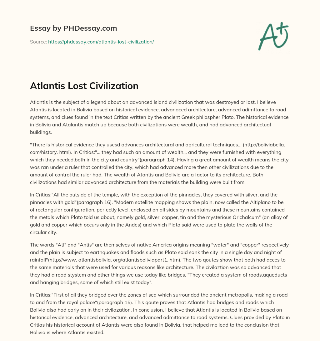 Atlantis Lost Civilization essay