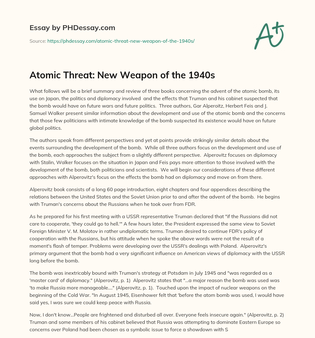 Atomic Threat:  New Weapon of the 1940s essay