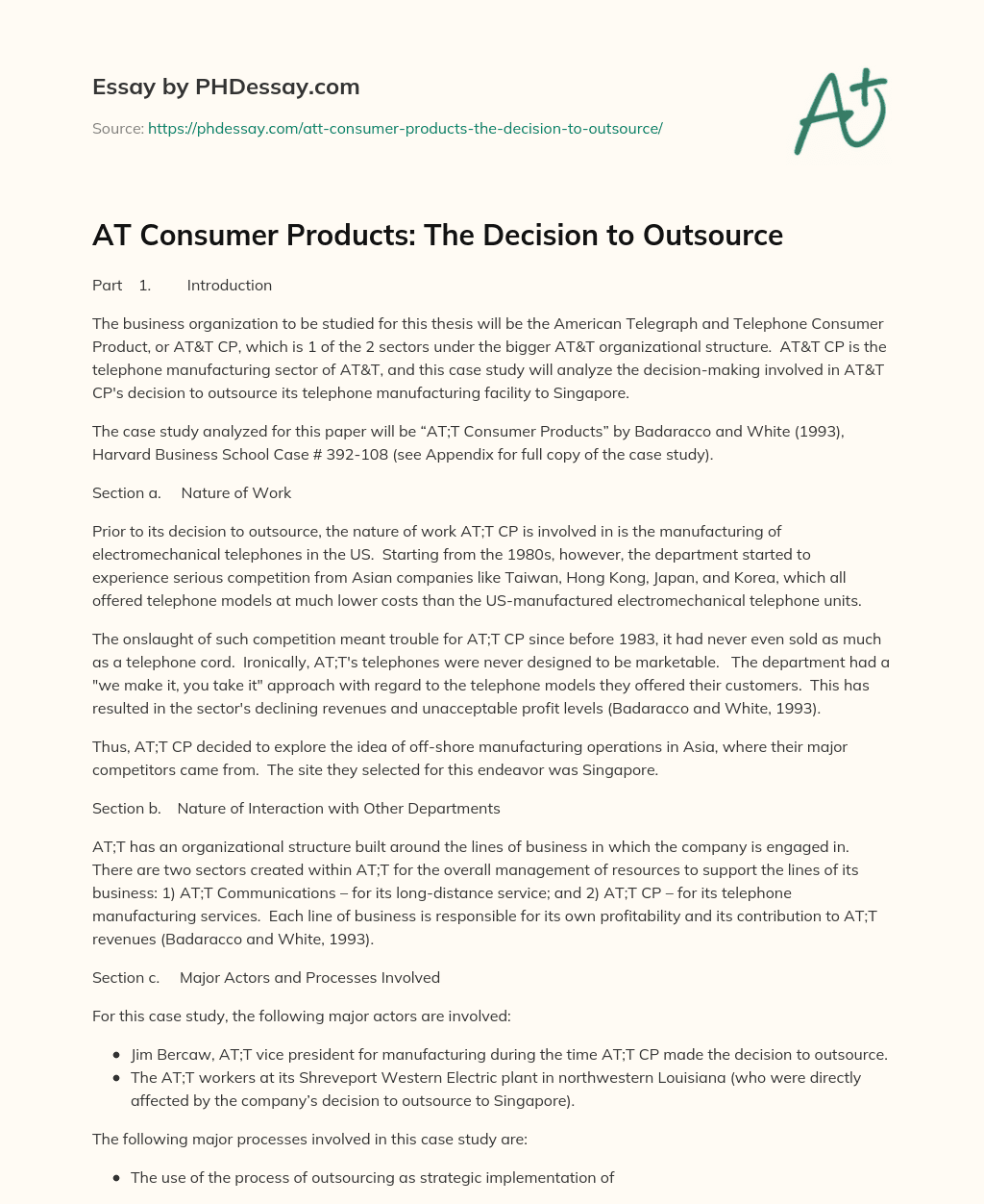 AT Consumer Products: The Decision to Outsource essay