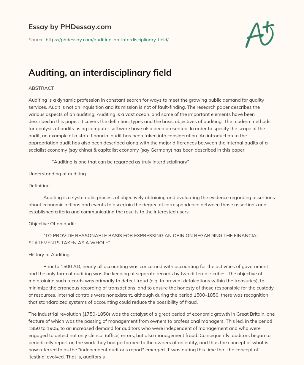 Auditing, an interdisciplinary field essay