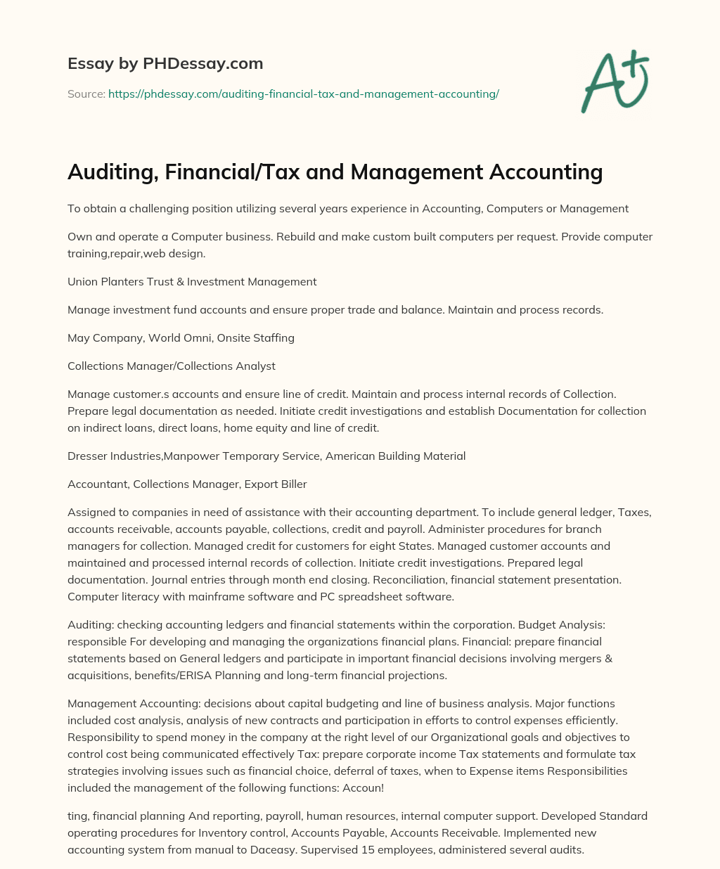 Auditing, Financial/Tax and Management Accounting essay