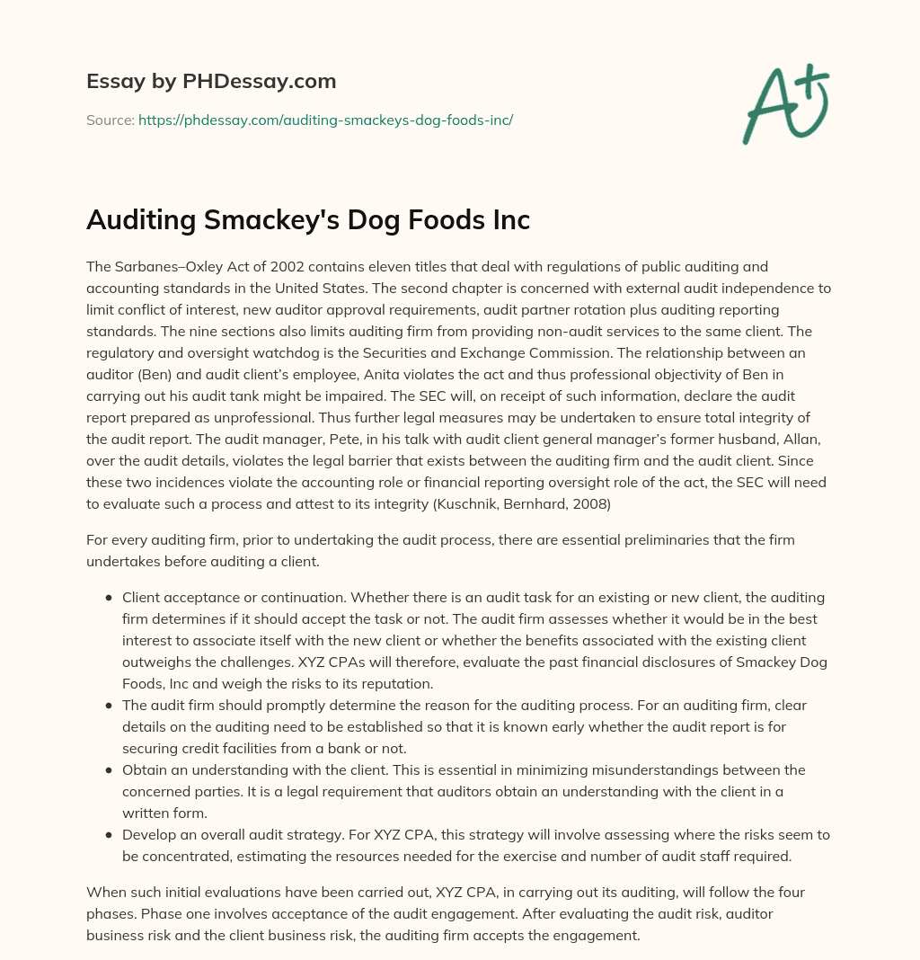 Auditing Smackey’s Dog Foods Inc essay