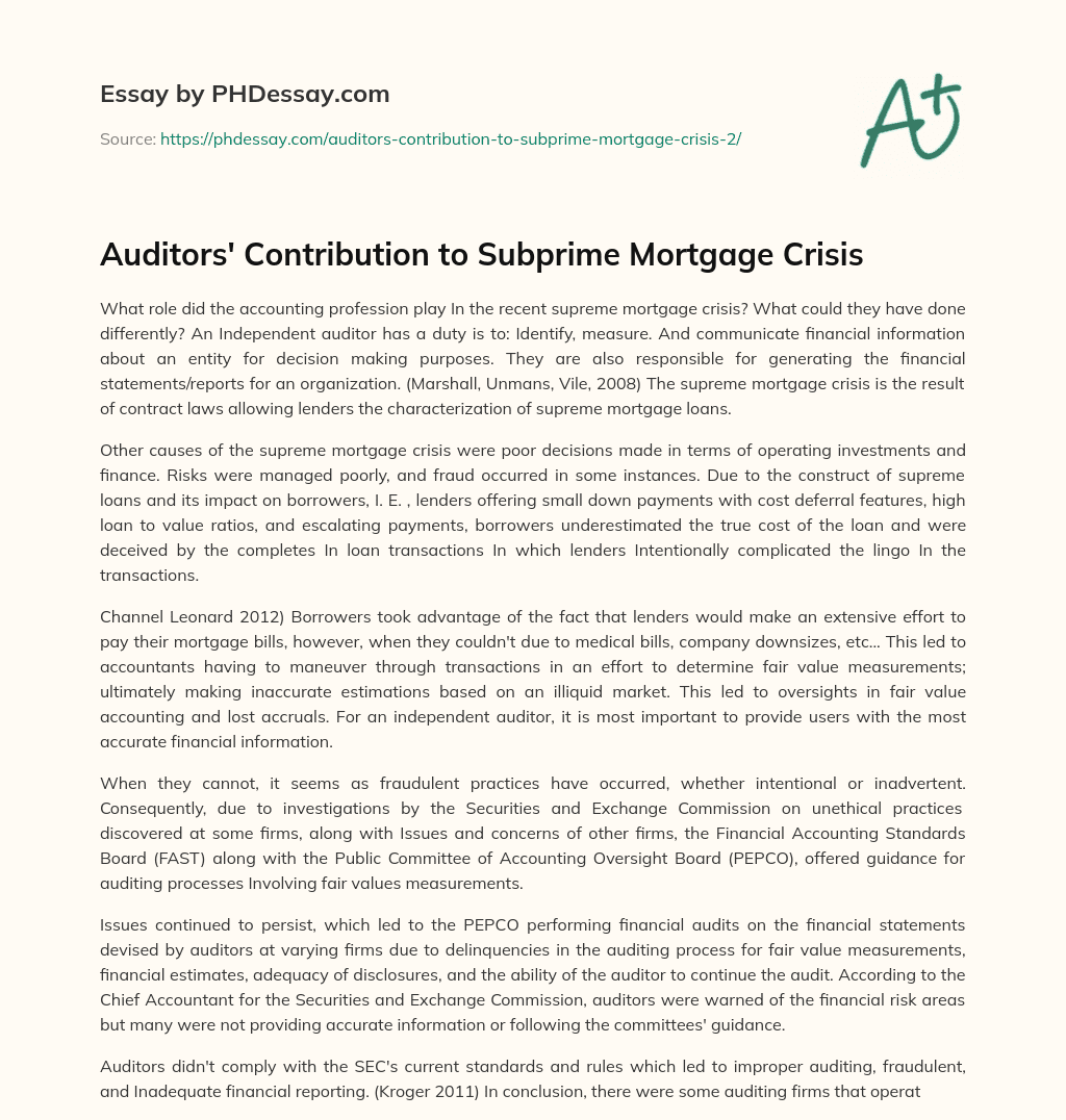 Auditors’ Contribution to Subprime Mortgage Crisis essay