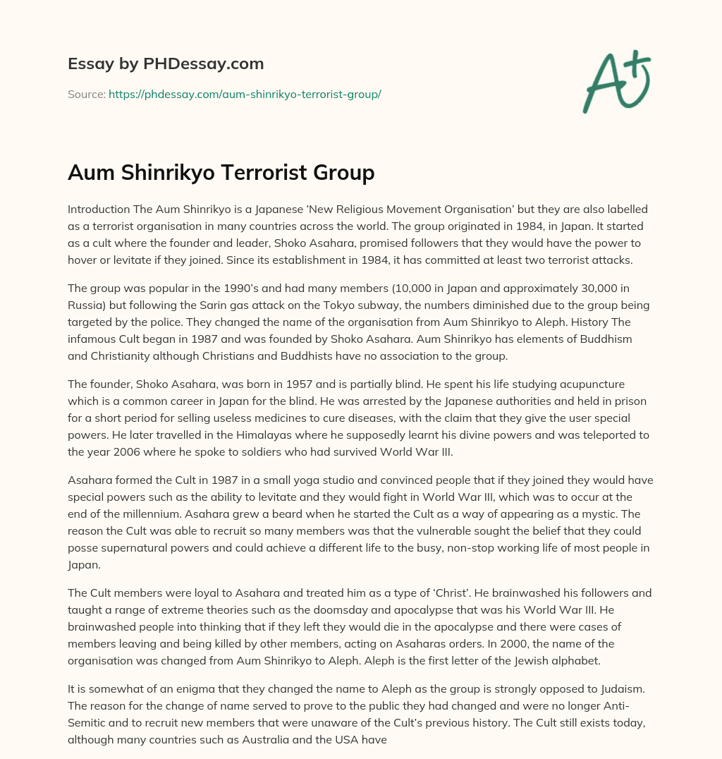 Aum Shinrikyo Terrorist Group essay
