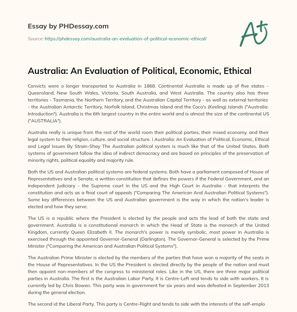 Australia: An Evaluation of Political, Economic, Ethical essay